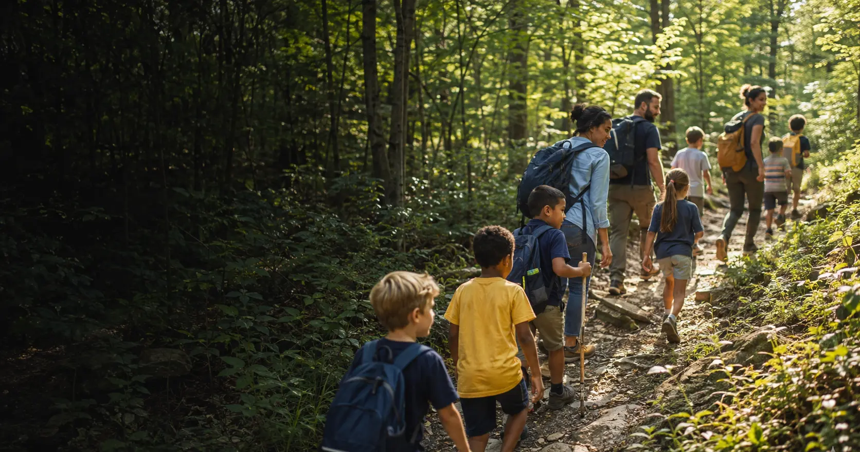 Families hiking together on a wooded trail
